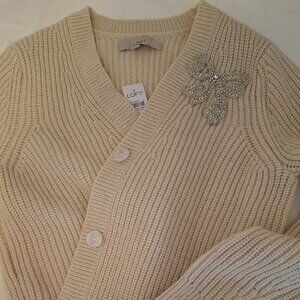 LOFT Beige Cardigan with Jeweled Bow – Elegant & Chic